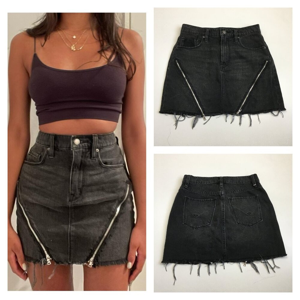 HUDSON Black Wash Silver Zipper VIPER Mini Raw Fringe Hem Denim Skirt